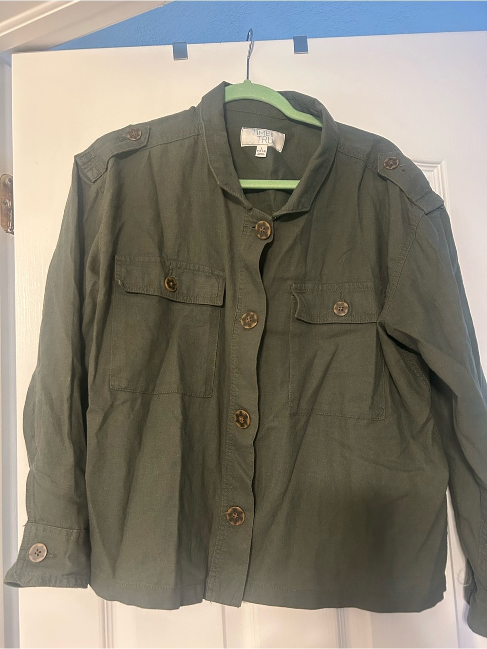 Time and Tru Dark Olive Utility Jacket with Button Front